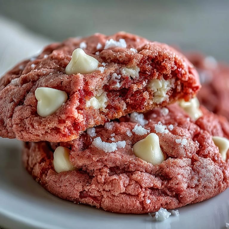A platter of Pink Velvet Cookies studded with creamy white chocolate chips, perfect for a festive sweet treat.
