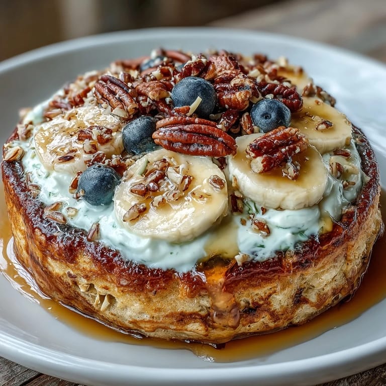 A steaming Protein Pancake Bowl features sliced bananas, blueberries, and crunchy nuts on a fluffy, protein-rich oat base.