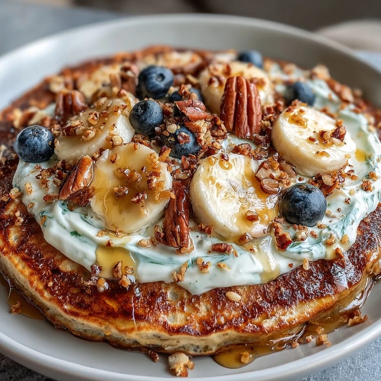 Close-up of a Protein Pancake Bowl drizzled with honey, layered with creamy yogurt, strawberries, and granola for breakfast.