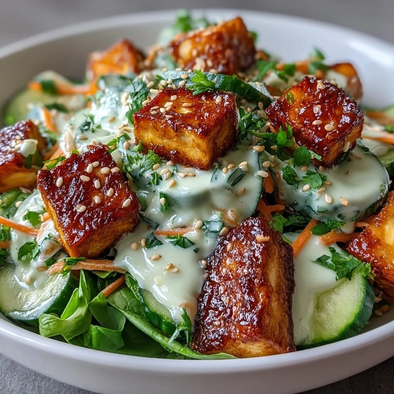 A vibrant Creamy Asian Cucumber Salad with Crispy Tofu is garnished with green onions and sesame seeds.