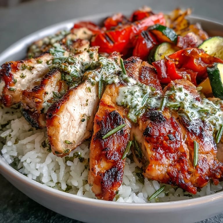Overhead view of a vibrant Lemon Herb Roasted Chicken Bowl featuring tender herbs, bright roasted peppers, zucchini, and a zesty lemon dressing.