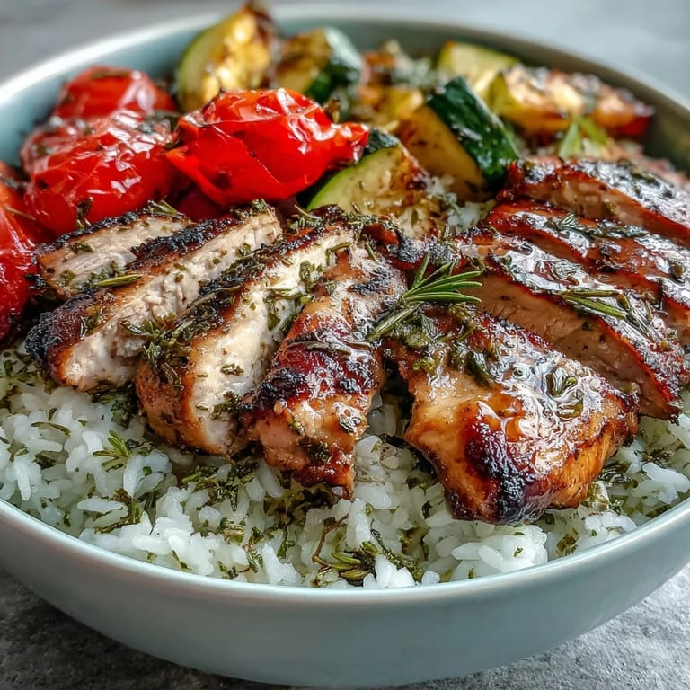 A wholesome Lemon Herb Roasted Chicken Bowl with juicy sliced chicken, caramelized vegetables, and fluffy rice, ready for a satisfying dinner.