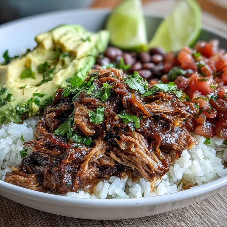 A close-up view of a vibrant Carnitas Bowl featuring tender shredded pork, hearty pinto beans, and a lime wedge for a zesty squeeze over the meal.