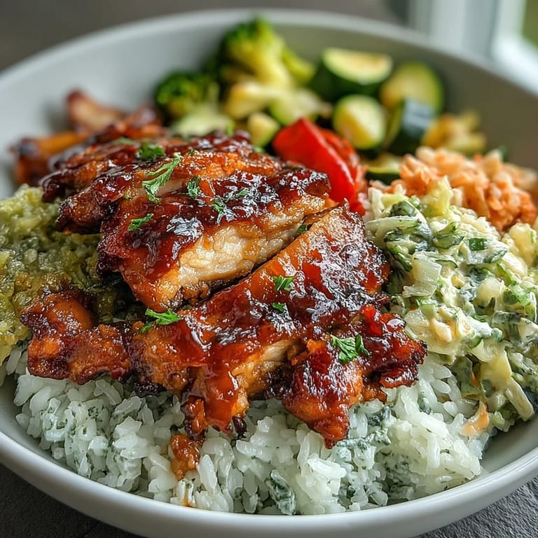 Vibrant BBQ Chicken Bowl features juicy grilled chicken, fluffy rice, creamy slaw, and roasted vegetables, ready to serve warm.