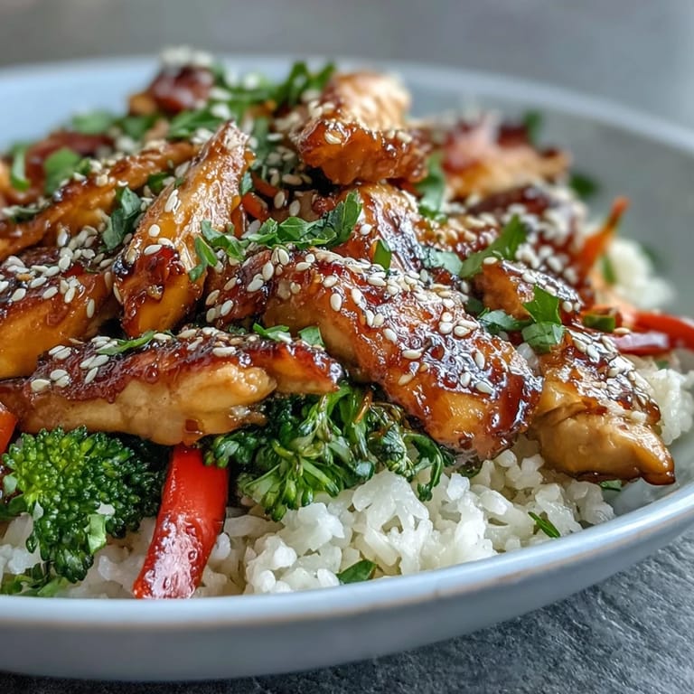 A close-up of a honey garlic chicken bowl with crisp veggies, sesame seeds, and steam rising from rice.