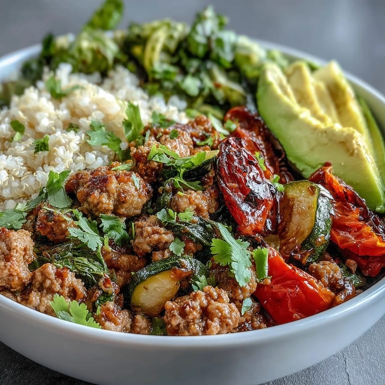 Hearty, high-protein bowl featuring aromatic ground turkey, tender roasted broccoli and peppers, and a sprinkle of fresh herbs.