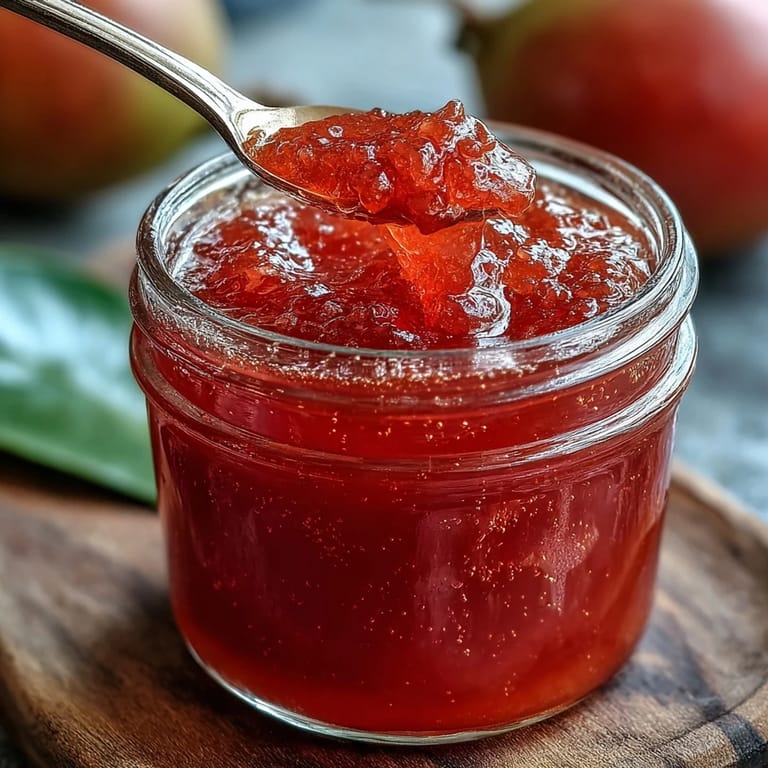 Homemade guava jelly glows jewel-toned in a small serving bowl.
