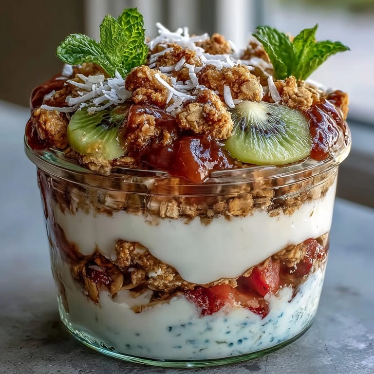 Refreshing guava yogurt parfait with layered strawberries and kiwi, perfect for an easy, healthy breakfast.