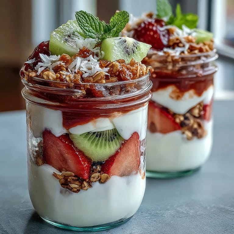 Clear glass jar showcasing vibrant guava parfait with fresh fruit, mint garnish, and coconut flakes.