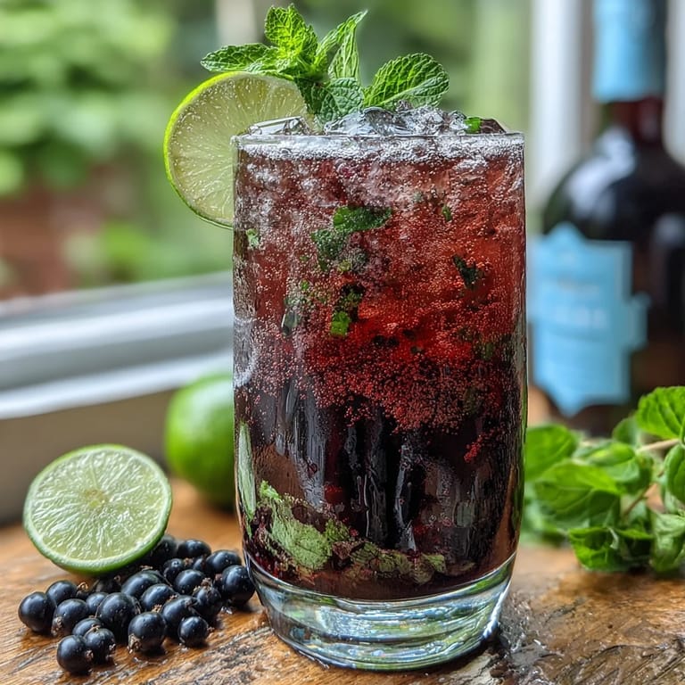 Vibrant purple Black Currant Mojito garnished with fresh mint and lime slices in a tall glass.