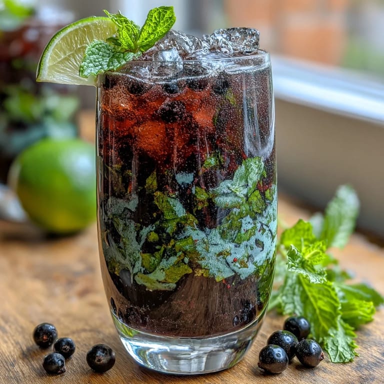 Close-up of a muddled Black Currant Mojito featuring crushed ice, mint leaves, and a rich berry hue.