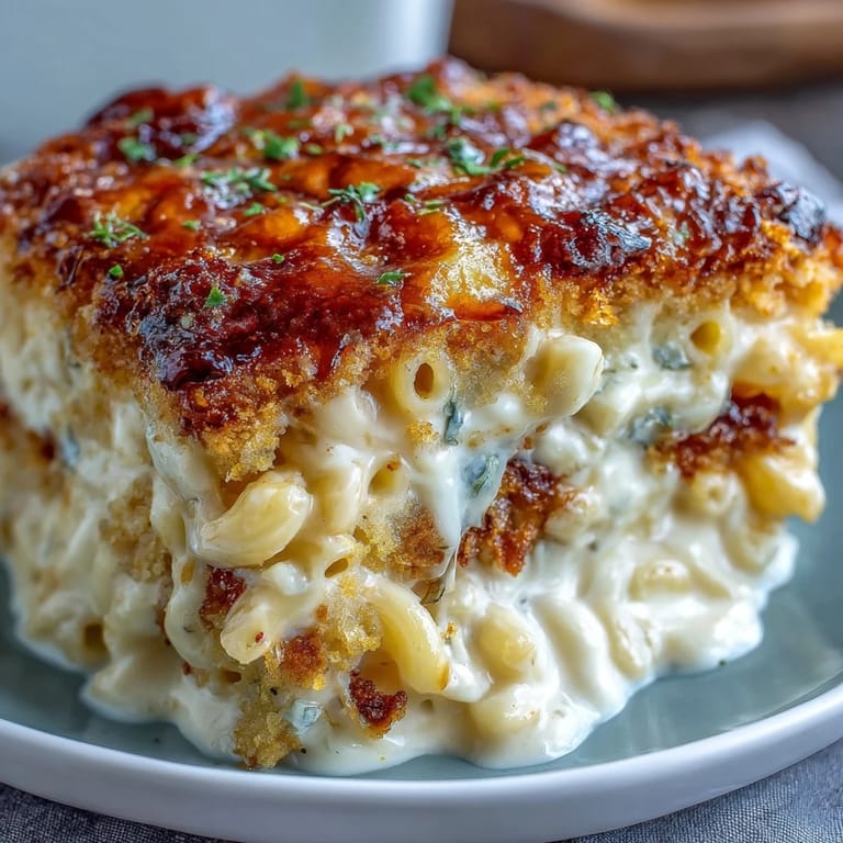 Golden-baked Southern macaroni and cheese, bubbling with rich cheese sauce and a crunchy breadcrumb topping for ultimate comfort.