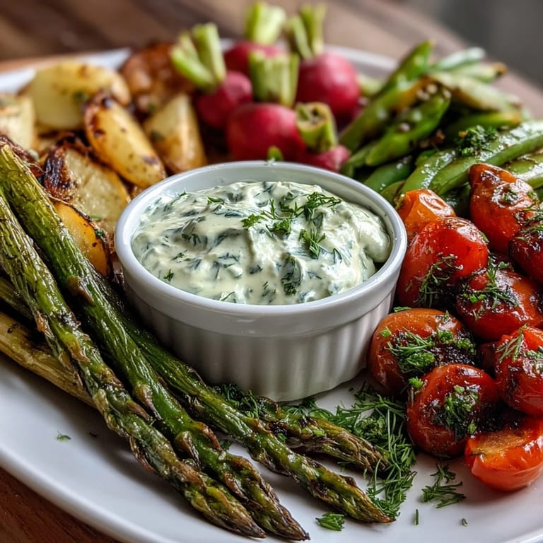 Creamy herb dip surrounded by crisp radishes, snap peas, and baby carrots on a seasonal appetizer platter.  