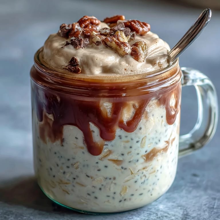 Vanilla Bean Frappuccino overnight oats jar with rich coffee swirls, vanilla bean specks, and a dollop of whipped cream, perfect for energizing mornings.