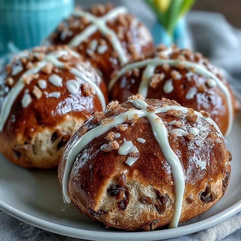 Classic Hot Cross Buns with a citrus twist, featuring plump dried fruit and a glossy orange-lemon glaze.