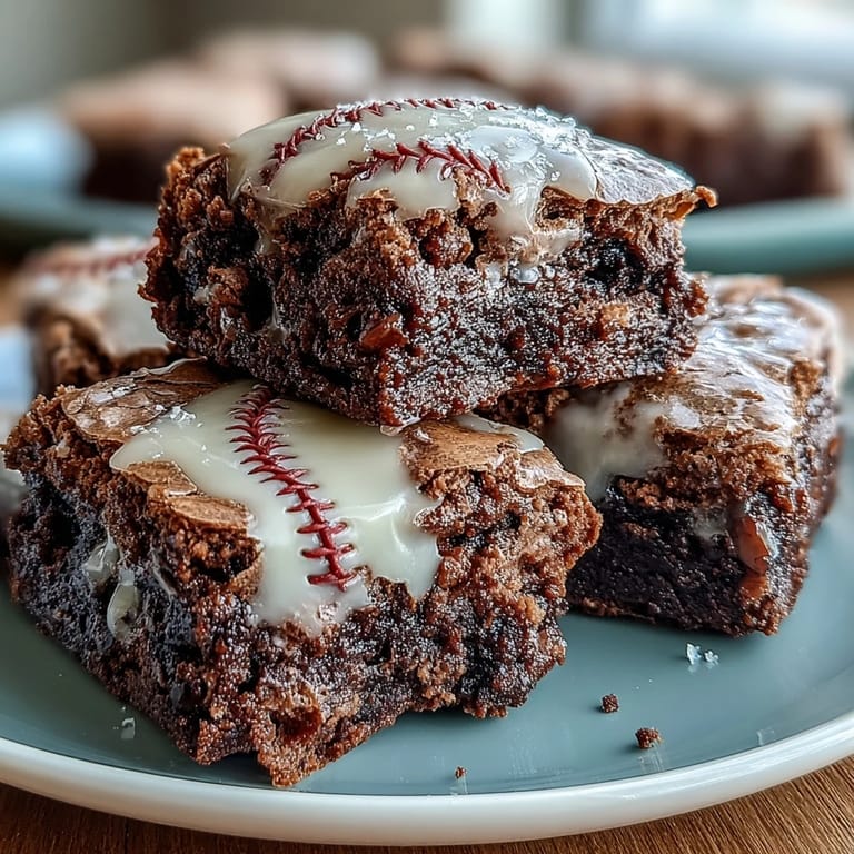 Mini brownie bites decorated with white icing laces, perfect for baseball parties or game day celebrations.  