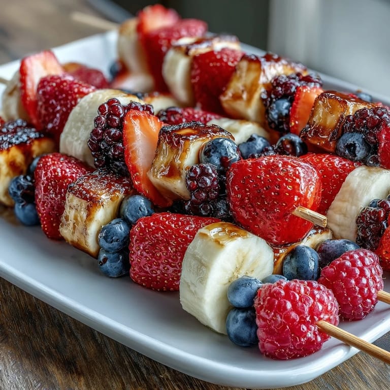 Colorful Fourth of July fruit skewers with strawberries, bananas, and blueberries arranged in a patriotic pattern.