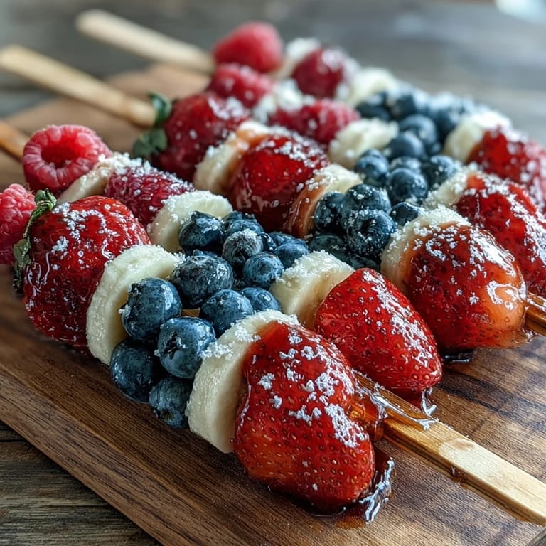 Patriotic fruit skewers featuring fresh strawberries, bananas, and blueberries—perfect for summer barbecues and holiday parties.
