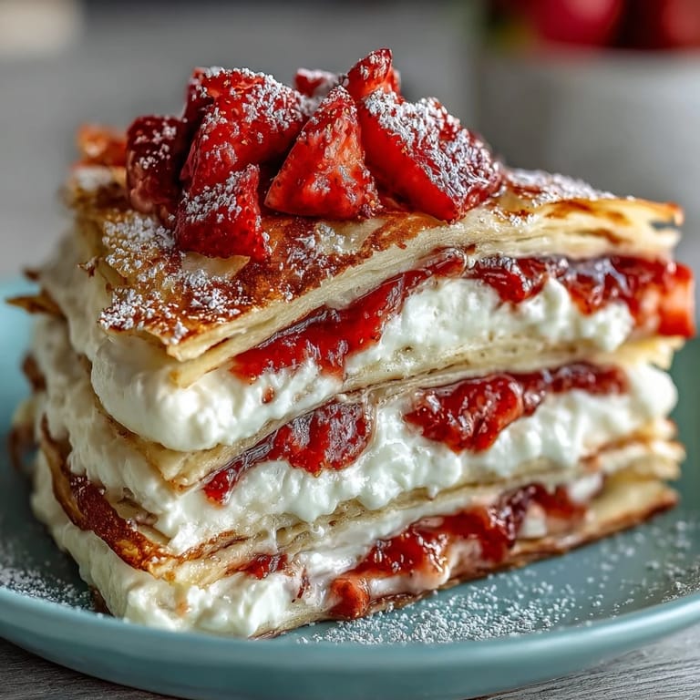 Elegant strawberry crepe cake featuring delicate crepes, juicy strawberries, and rich vanilla mascarpone cream filling.