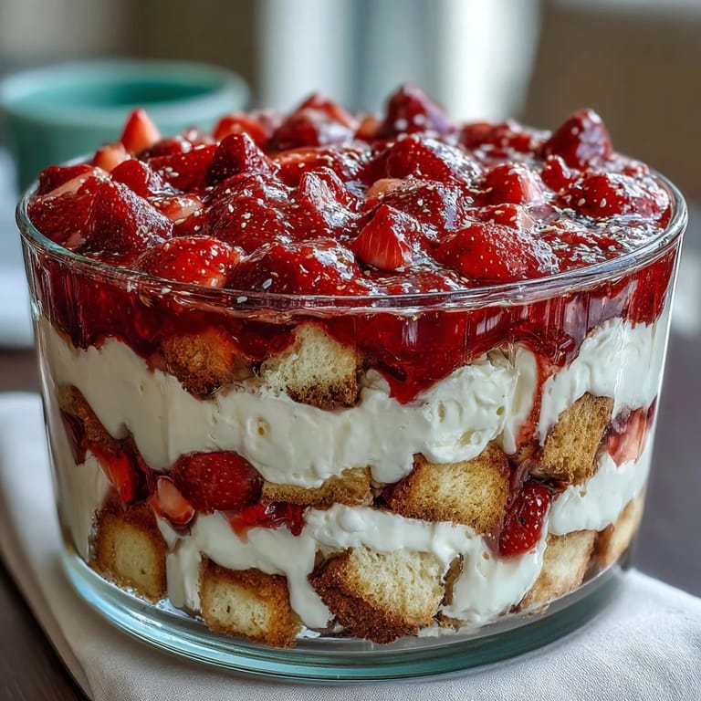 Elegant Mothers Day trifle featuring tender shortcake, ripe strawberries, and airy whipped cream in a beautiful glass dish.