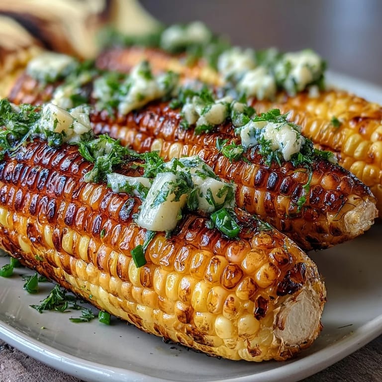 Sweet corn on the cob cooked in the microwave, coated in rich garlic butter and fresh parsley.