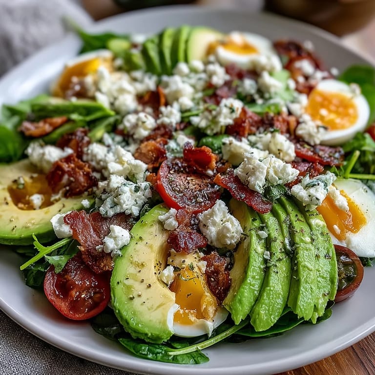 Colorful Cobb salad featuring strawberries, avocado, and crisp vegetables, topped with tangy feta and hard-boiled eggs.  