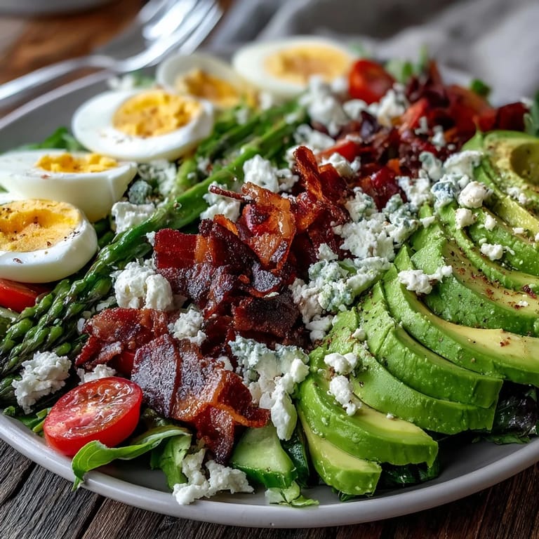 Fresh Spring Cobb Salad with strawberries, avocado, and feta, drizzled with balsamic dressing for a bright, satisfying meal.