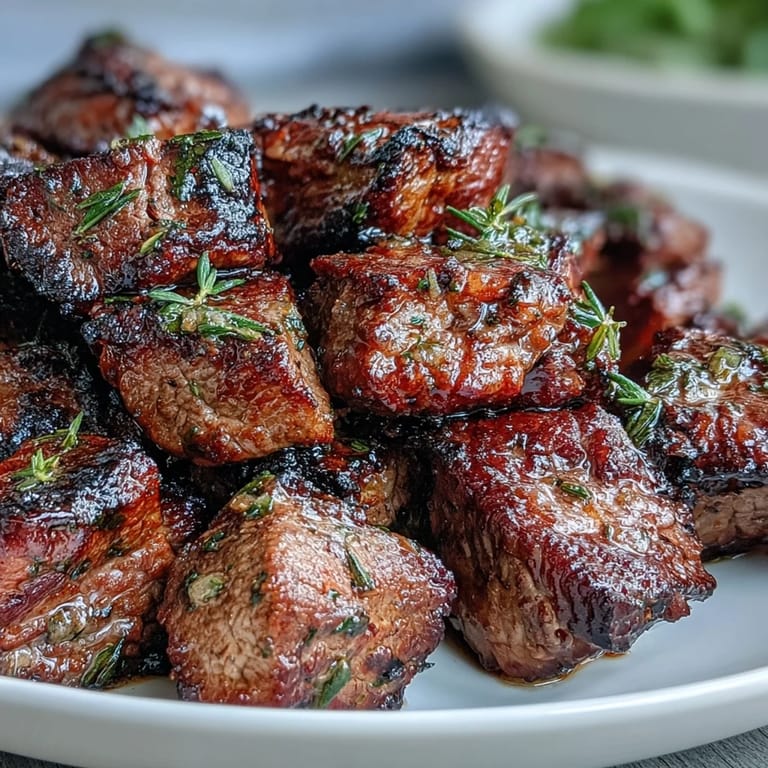 Juicy sirloin steak cubes seared with garlic and herbs, served with lemon wedges for a bright, flavorful finish.