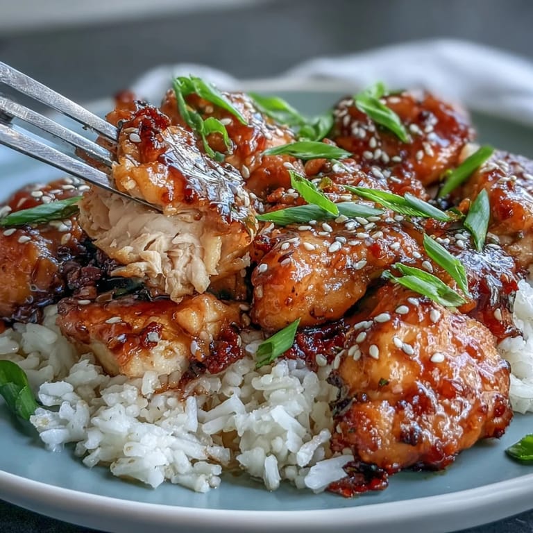 Sweet and savory honey garlic chicken thighs slow-cooked to perfection, served on a bed of tender rice.