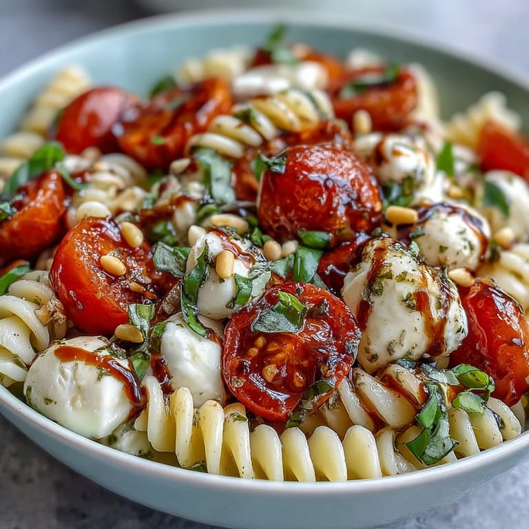 Colorful Caprese pasta salad featuring al dente pasta, ripe tomatoes, mozzarella, and fragrant fresh basil leaves.