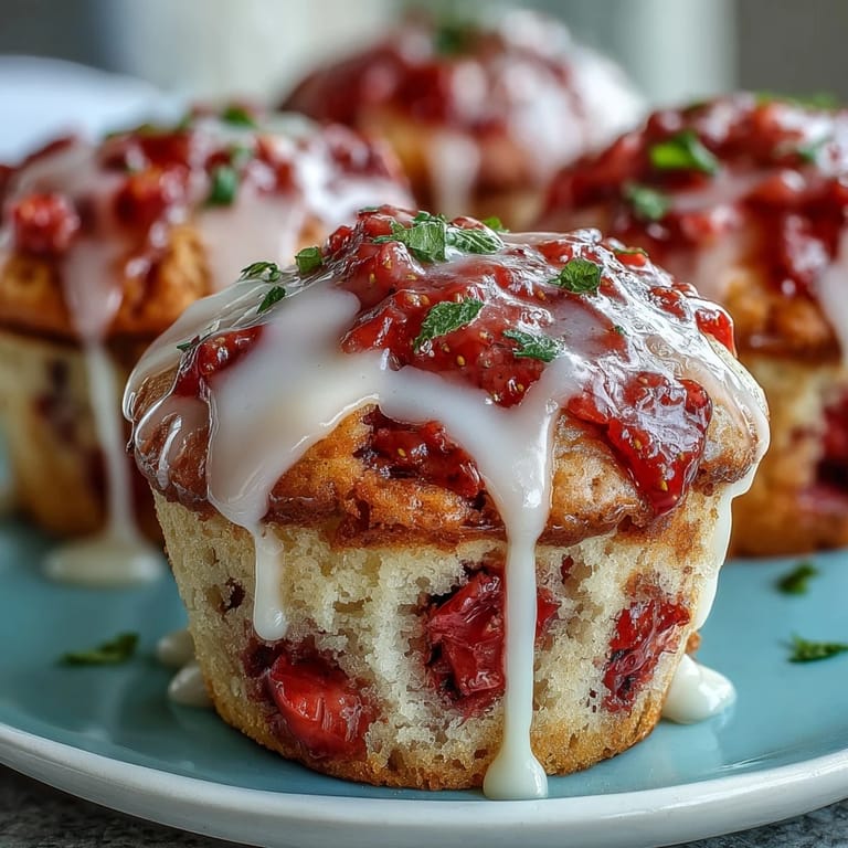 Fluffy muffins bursting with juicy strawberries and zesty lemon, drizzled with a sweet-tart glaze for a bakery-style treat.
