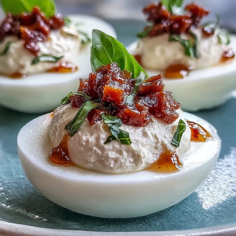 Garnished Caprese Deviled Eggs piled high, ready for a party.