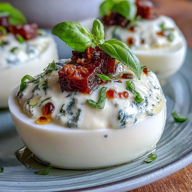 Fresh Caprese Deviled Eggs with a vibrant basil drizzle, appetizer perfection.