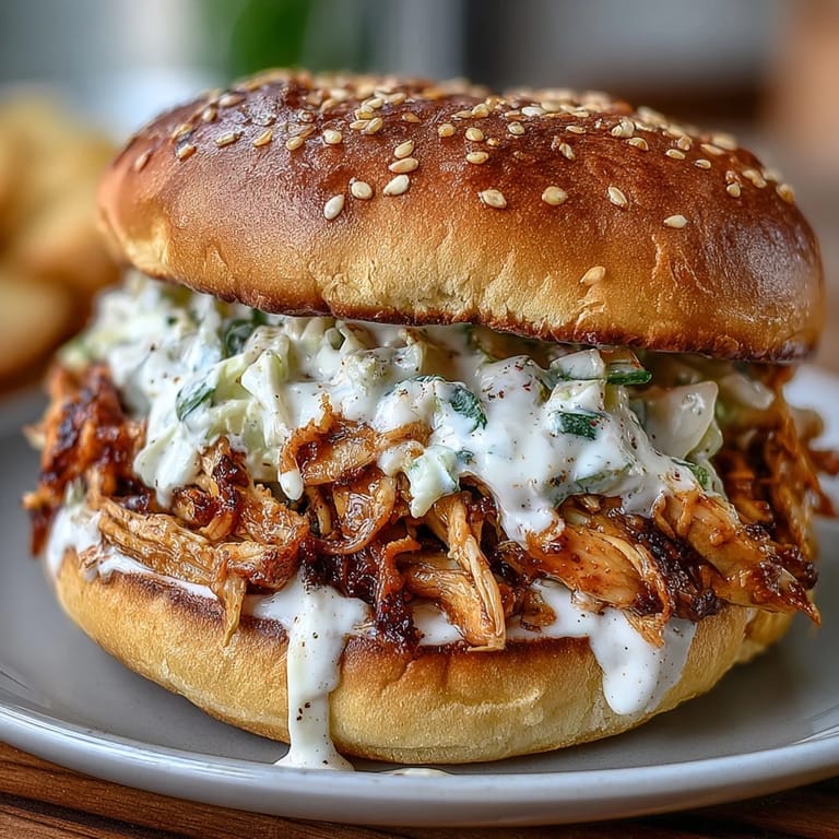 Mouthwatering Smoked Pulled Chicken Sandwiches with Alabama white BBQ sauce on toasted buns.
