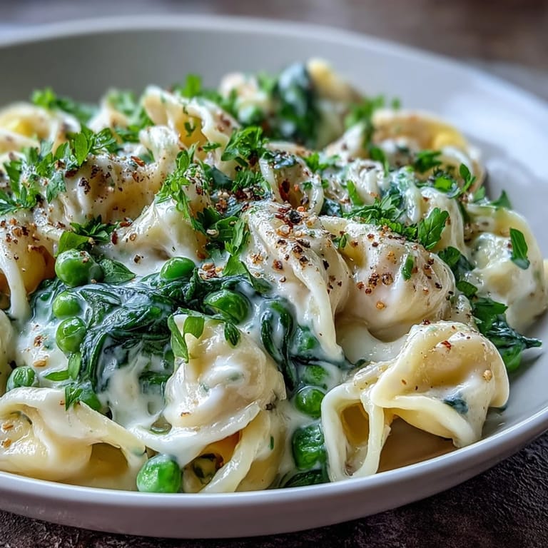 Zesty One-Pot Lemon Ricotta Pasta, topped with fresh spinach and peas.