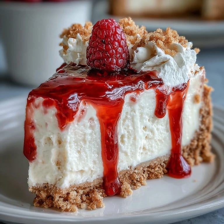 Luscious, easy Mother's Day no-bake cheesecake topped with sweet, homemade raspberry sauce.