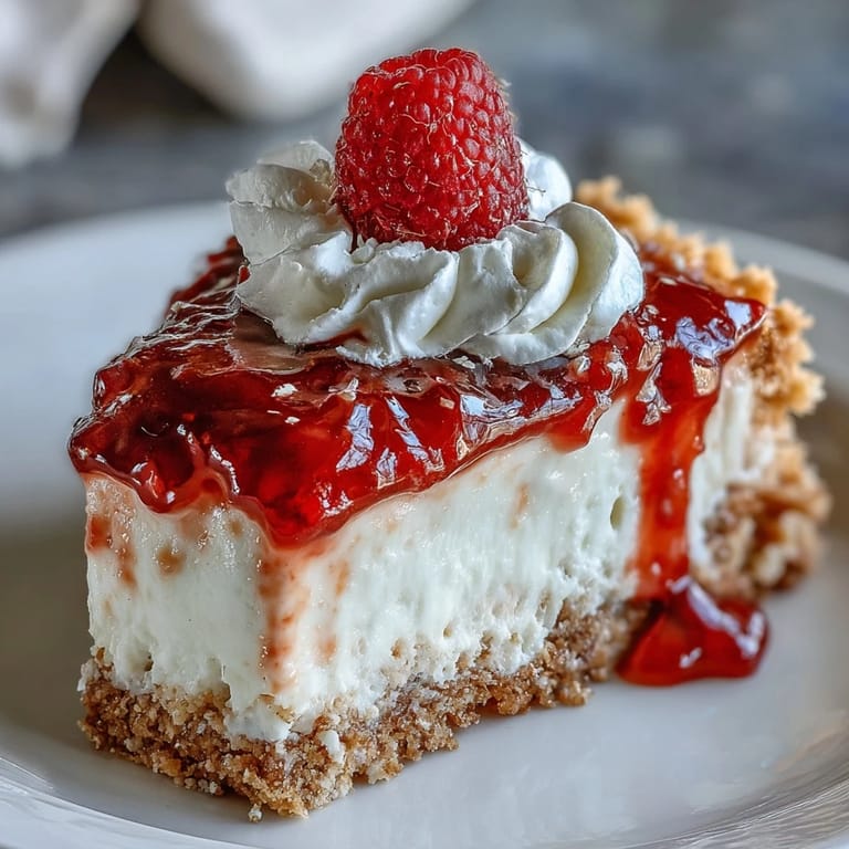 Decadent no-bake cheesecake and tangy raspberry coulis, a delightful summer dessert.