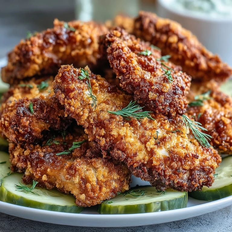 Extra crispy pickle brine chicken tenders, showcasing a satisfyingly crunchy breading.