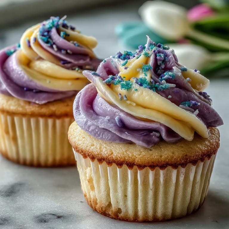 Gemini Birthday Cupcakes: fluffy vanilla cake topped with vibrant dual-tone frosting swirls.