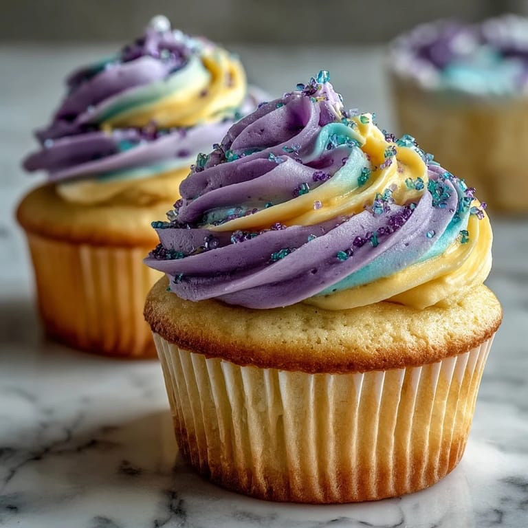 Soft vanilla Gemini Birthday Cupcakes showcasing a striking pastel two-toned buttercream decoration.