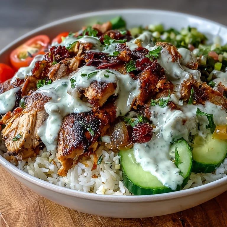 Healthy chicken shawarma bowl with fluffy rice, colorful vegetables, and rich tahini drizzle.