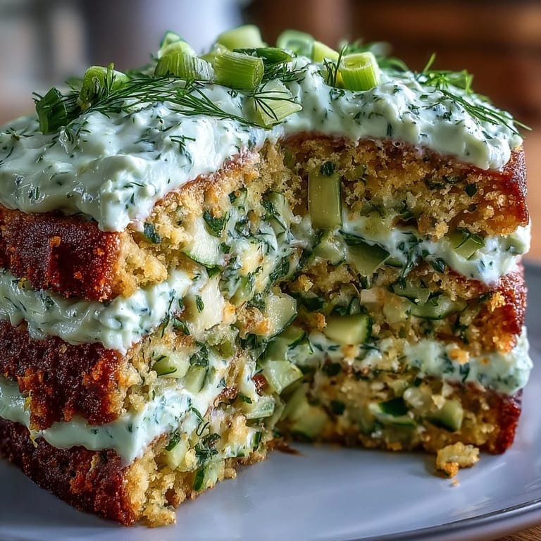 Showcasing a delightful Pickle Cake with creamy dill frosting and fresh dill garnish.