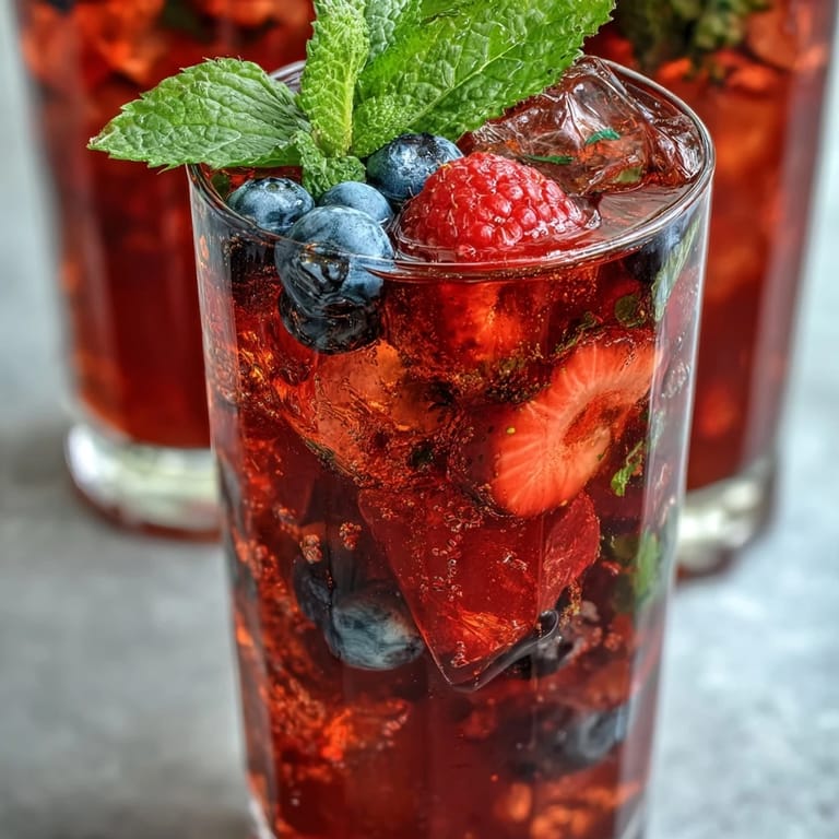A visually stunning bowl of Iced Hibiscus Berry Tea, brimming with summer berries.