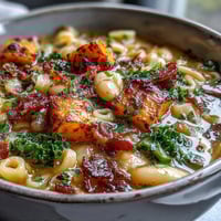Fall Minestrone soup steaming in a rustic bowl, featuring butternut squash and kale, topped with pancetta and Parmesan cheese.