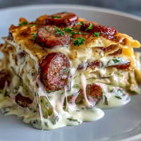 Golden Crockpot Pierogi Casserole With Kielbasa topped with melted cheddar and fresh chives.