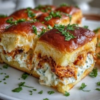 Freshly baked Pizza Dip Sliders with gooey mozzarella and cheddar cheese bubbling over Buffalo chicken filling.