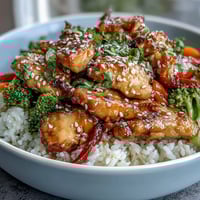 Tender honey garlic chicken glazed in sweet sauce over fluffy rice with broccoli and carrots in a bowl.