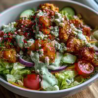 A topped bowl of Buffalo Chicken Bowl with creamy ranch, blue cheese crumbles, and crisp vegetables.