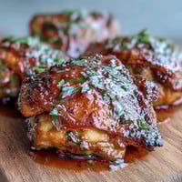 Caramelized guava BBQ sauce chicken thighs resting on a platter with grilled pineapple slices.