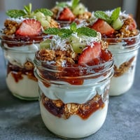 Creamy Greek yogurt and sweet guava preserves layered with strawberries, kiwi, and crunchy granola in a glass.